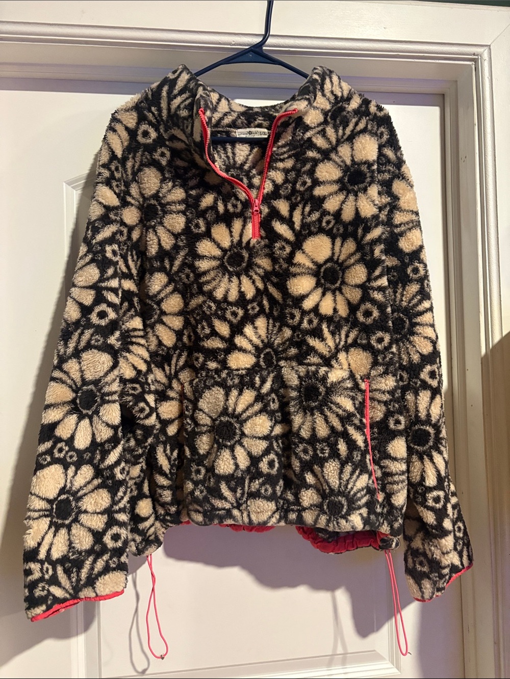 Natural Life - Women's Black/cream neon pink trim Floral Fuzzy Pullover Jacket